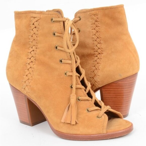 Frye Dani Camel Suede Open Toe Western Coastal Cowgirl Shootie Heels Size 7.5 - Picture 1 of 9